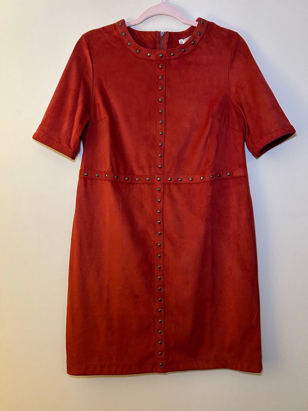 Spense Rust Faux Suede Studded Button Front Dress Short Sleeve Size 10